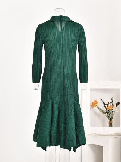 LANMREM Casual Pleated Dress For Women Lapel Long Sleeves Beading A-line Dresses High End Female Clothing  New YAa541