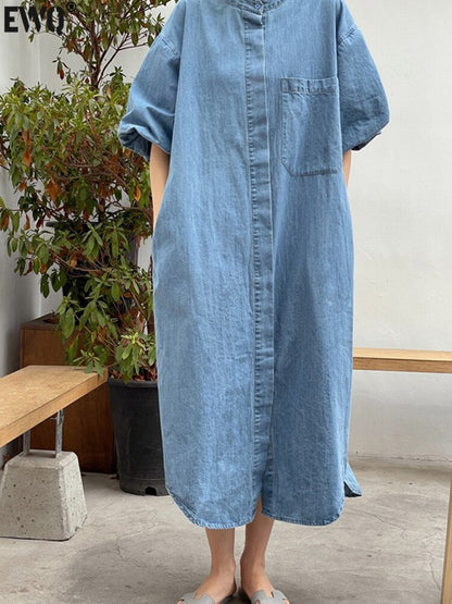 [EWQ] Women Denim Dress Loose Fit Lantern Sleeve Fashion Pocket Dresses  Summer New Tide Fashion Female Stand Vestido 16U107