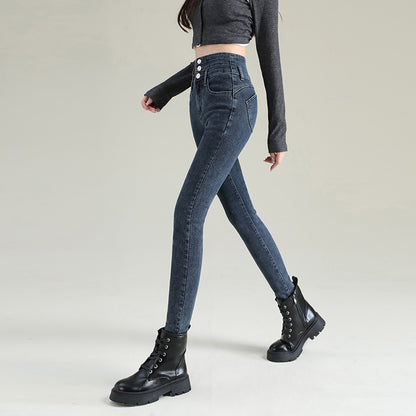 Women's High Waist Breasted Slim Jeans