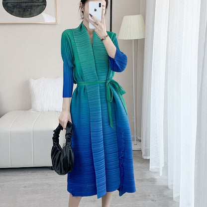 Women Gradient Pleated Dress V Neck Belt Spring Summer New Loose Patchwork Elegant Lady Casual