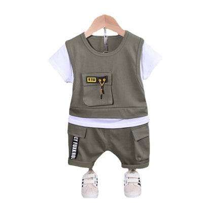 Boys' Patchwork Crewneck Short-sleeved Suit Shorts