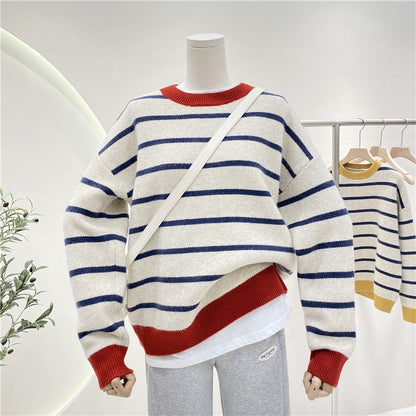 Autumn And Winter New Ladies Loose Collision Color Round Neck Knitted Tunic Simple Striped Pullover Sweater