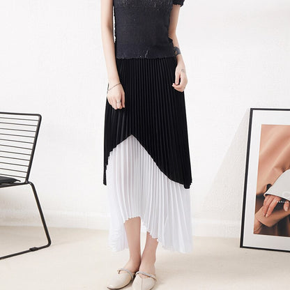 Patchwork Pleated Skirts Women Stitching Color Elastic Waist Irregular Color Block Loose Skirts