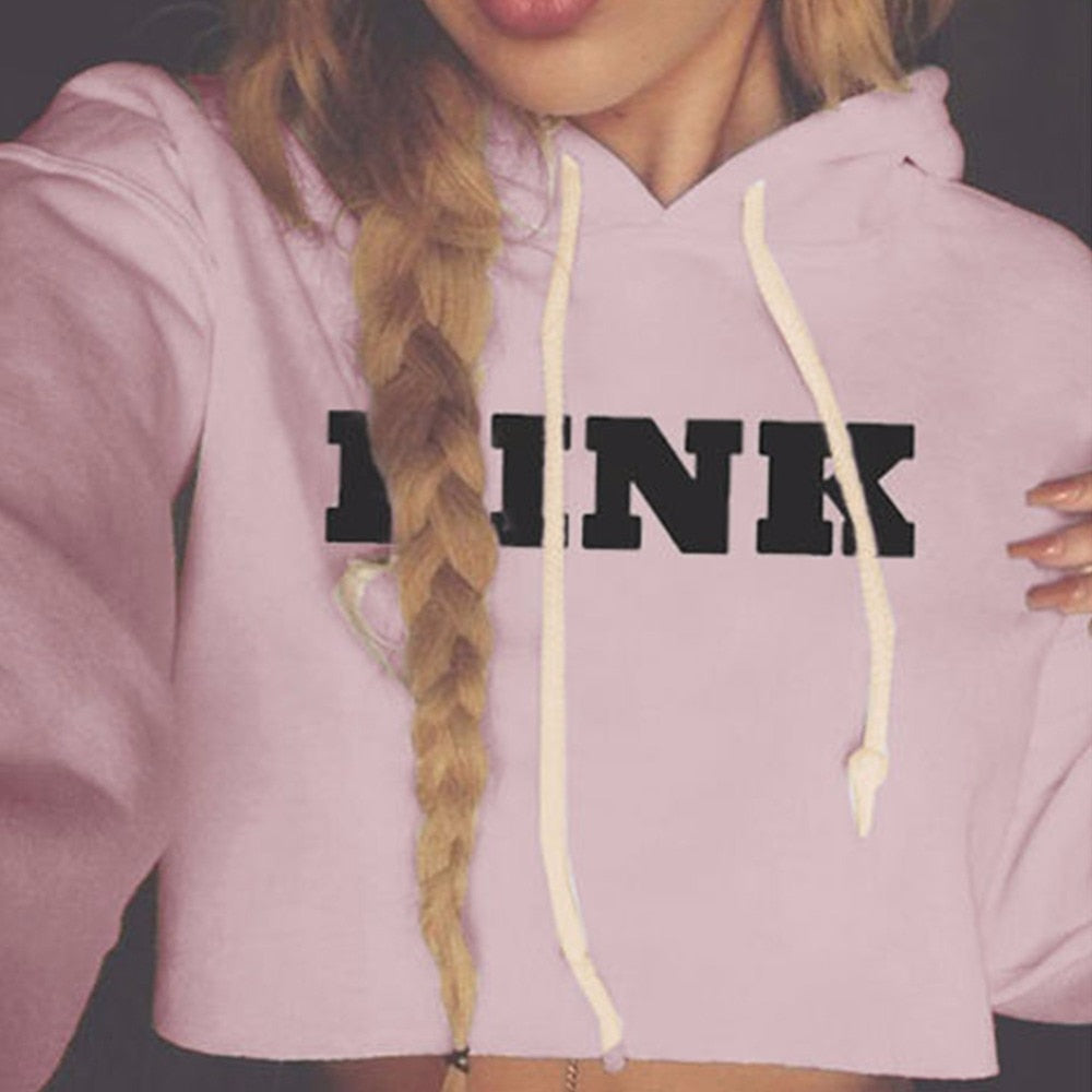 Women Oversized Hoodies Jumper Sweatshirt Female Pink Cropped Top