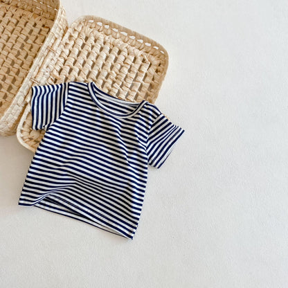 Two-piece Baby Suit In Cotton Denim Suspenders Striped T-shirt