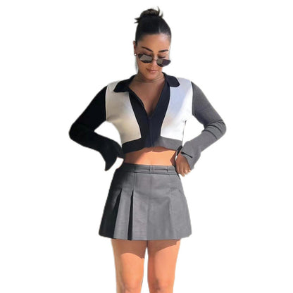 Autumn And Winter New Women's Fashion Long Sleeve Lapel Slim Short Color Contrast Zipper Coat