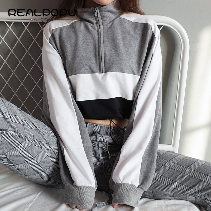 Long-sleeved pullovers hoodies Deep V Neck Top Drawstring Loose Cropped Patchwork Sweatshirt