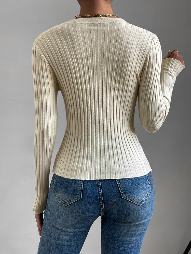 Autumn Women's Sweaters V-neck Cross Knot Long Sleeve Top Slim Fit Comfortable Split Solid Color Knitwear