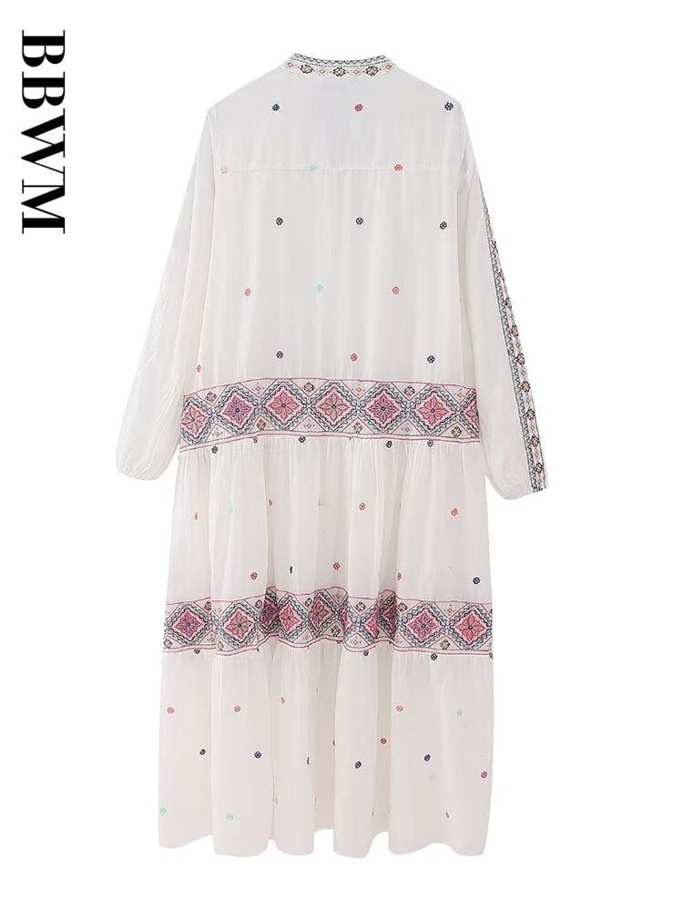 Colour Matching Embroidery Dresses O Neck Vintage Long Dress Woman Loose Casual Dress 2023 Street Chic Female Summer Dress