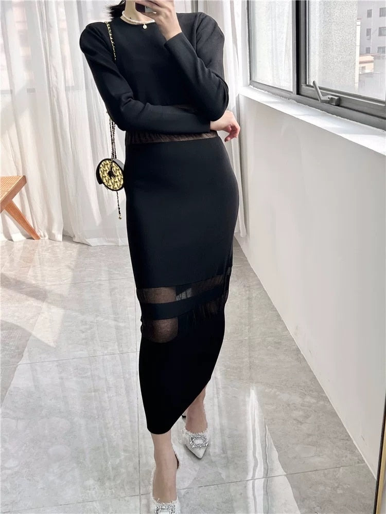 Spring/Autumn New Black Mesh Stitching Women's Long Knitted Dress High-quality Sexy Evening Dress Elegant Waist Unique Design