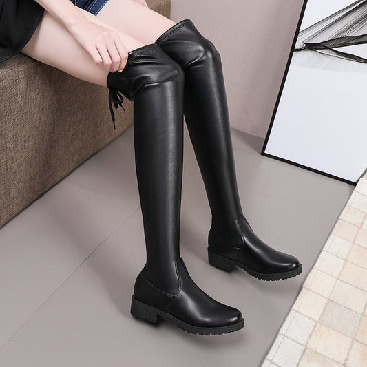 Women's Thick Heel Lace Up High Tube Thin Leather Boots