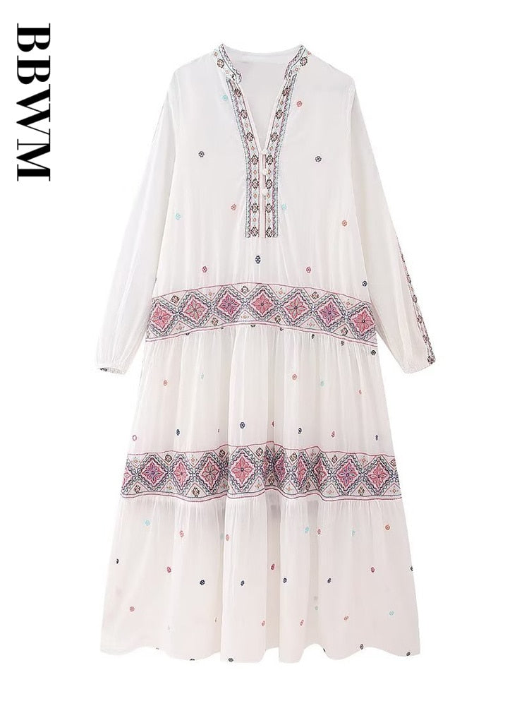 Colour Matching Embroidery Dresses O Neck Vintage Long Dress Woman Loose Casual Dress 2023 Street Chic Female Summer Dress