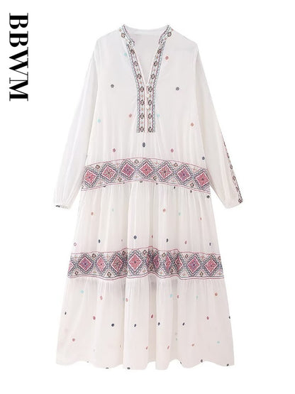 Colour Matching Embroidery Dresses O Neck Vintage Long Dress Woman Loose Casual Dress 2023 Street Chic Female Summer Dress