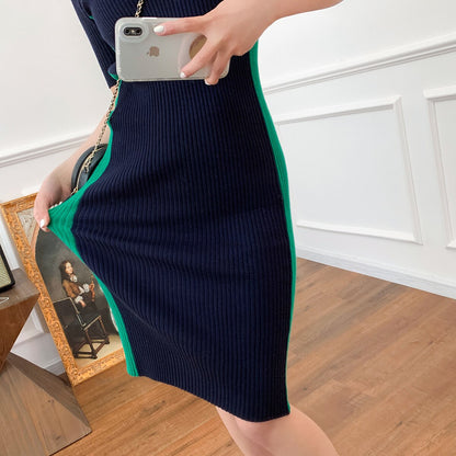 Women Navy Block Green Slim Fit Ribbed Midi Knitted Dress New In High Stretch