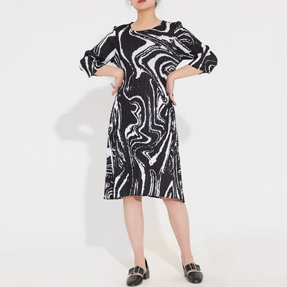 Spring New Pleated Print Dress For Women Zebra Pattern O-neck Long Sleeve Loose Dresses Female Fashion Clothing 15GB48