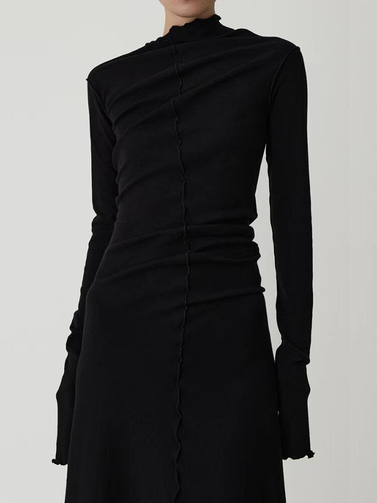 Spring/Autumn New Simple Niche Asymmetric Design Pleated Wave Edge Women Dress High Quality Casual Black Long Robe