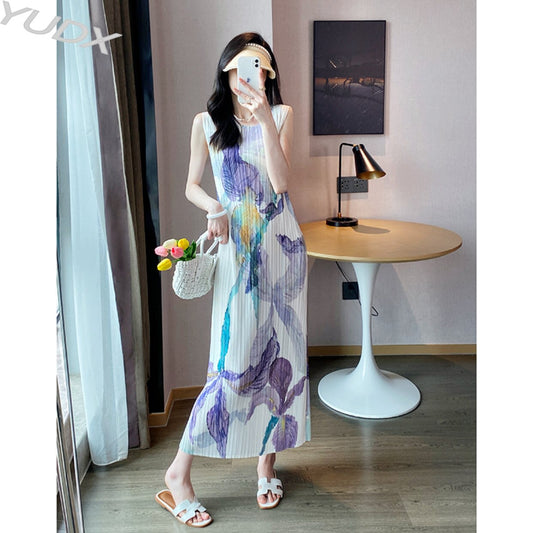 Summer New Miyake Pleated Women's Dress Sexy Print Long Dress Large Size Loose Sleeveless Undershirt Party Dress