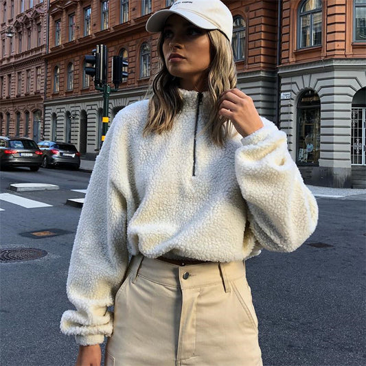 Winter Pullover Sweatshirts Women Zipper Oversized Hoodies Ladies White Turtleneck Faux Lambswool Crop Top Hoodie