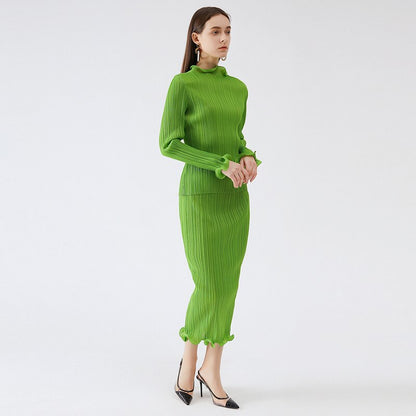 Miyake Pleated  Spring Autumn Green Skirt Two piece Sets Elegant Casual Designer Clothes