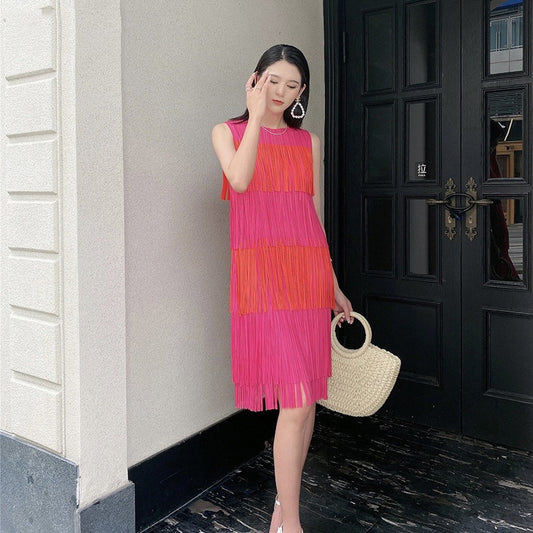 Woman Pleated Dress Hit Color Tassel Multi-layer Round Collar Sleeveless Loose Casual Style