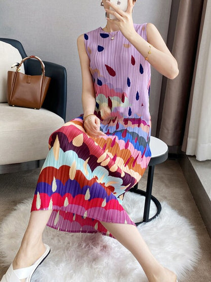 Women Holiday Pleated Dress Round Collar Staright Sleeveless Color Block Print Split Summer