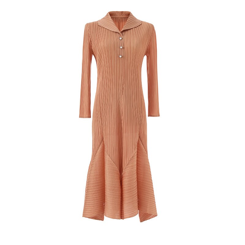 LANMREM Casual Pleated Dress For Women Lapel Long Sleeves Beading A-line Dresses High End Female Clothing  New YAa541