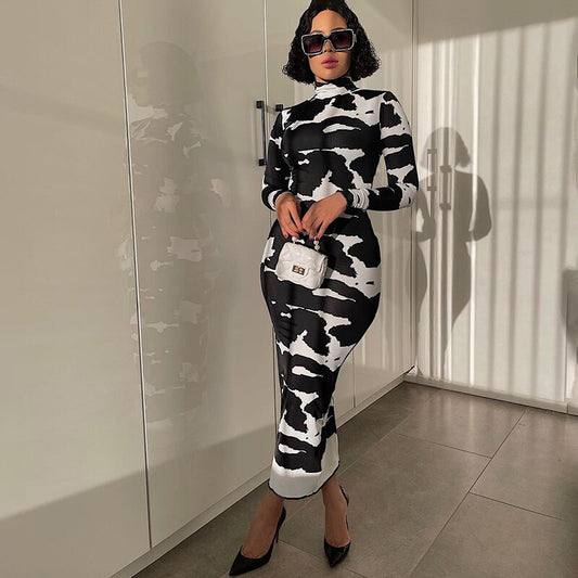 Women Fashion Autumn Long Sleeve Printed Bodycon Pencil Long Dress Streetwear  Fall Clothes Wholesale Items