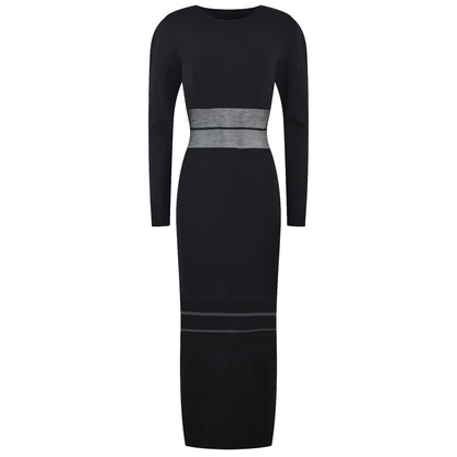 Women Classic Black Long Sheather Mesh Patchwork Dress O-neck See-through Knitted Quality Party Dresses