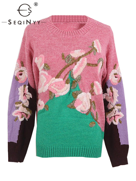 Cashmere Round Neck Sweater Women's Early Autumn Winter Spring Heavy Industry Three-Dimensional Hook Flower Light Luxury Pink Top