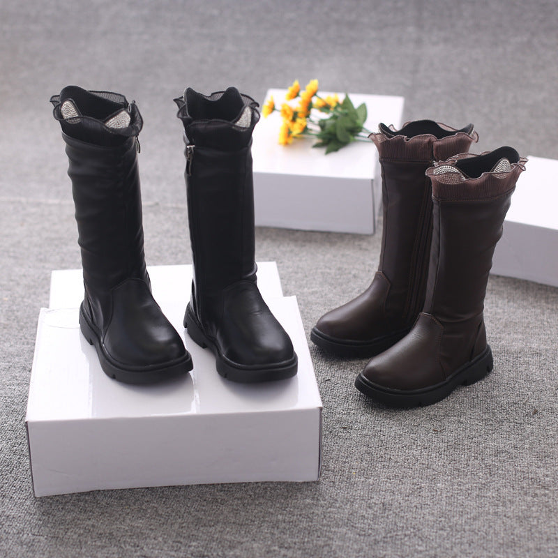 Two Cotton Long Tube Plus Cashmere Girls Children's Leather Boots