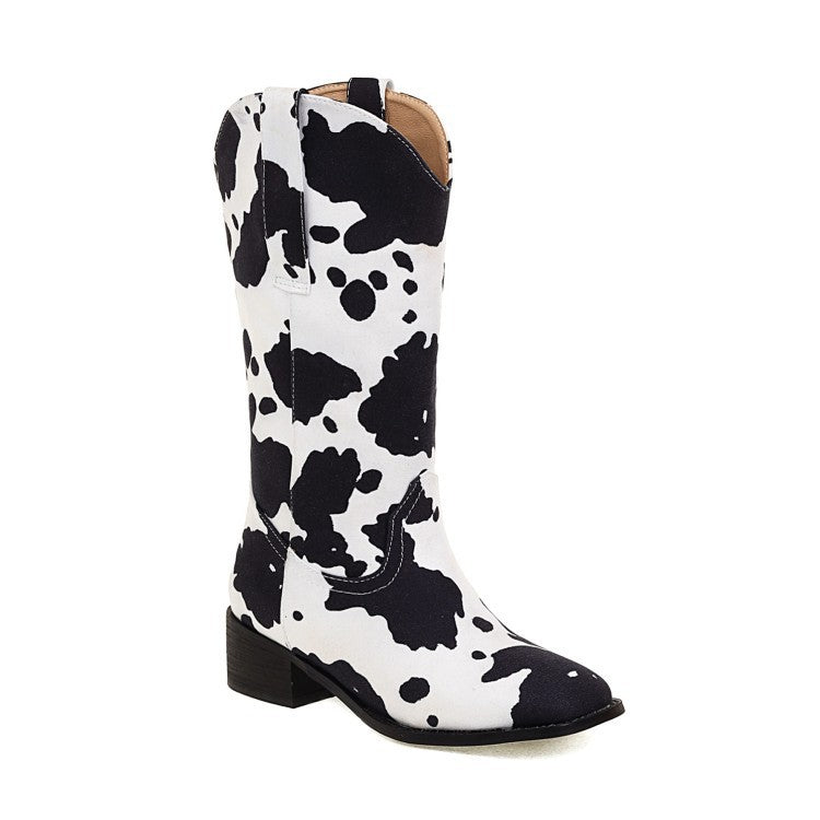 Women's Vintage Cow Print Block Heel Plus Size Rider Boots