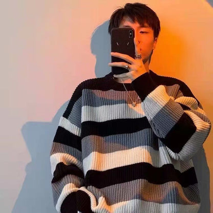 Striped Crewneck Sweater Men's Style Loose And Lazy Wind