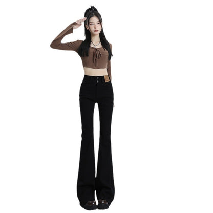 High Waist Slimming Hot Girl Double Buckle Slightly Flared Jeans Women