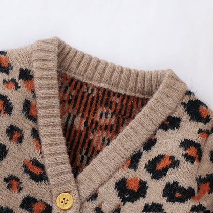 Autumn New Cute V-Neck Leopard Knit Cardigan