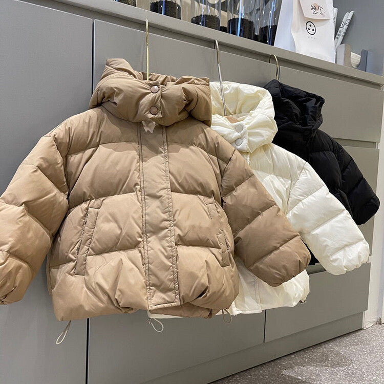 Solid Color Warm Down Cotton Jacket Short Baby Hooded Coat