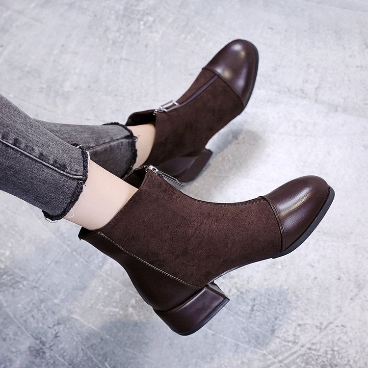 Short front zipper chunky heel suede mid-heel square toe boots