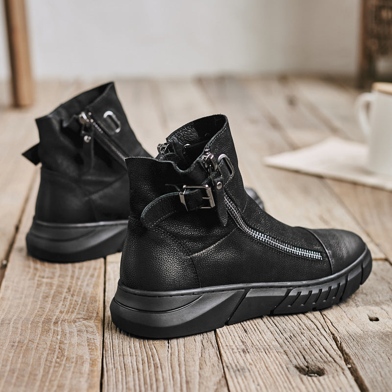 Snow Black British Round Toe and Velvet Mid-Top Tide Shoes