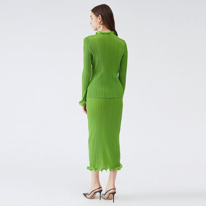 Miyake Pleated  Spring Autumn Green Skirt Two piece Sets Elegant Casual Designer Clothes