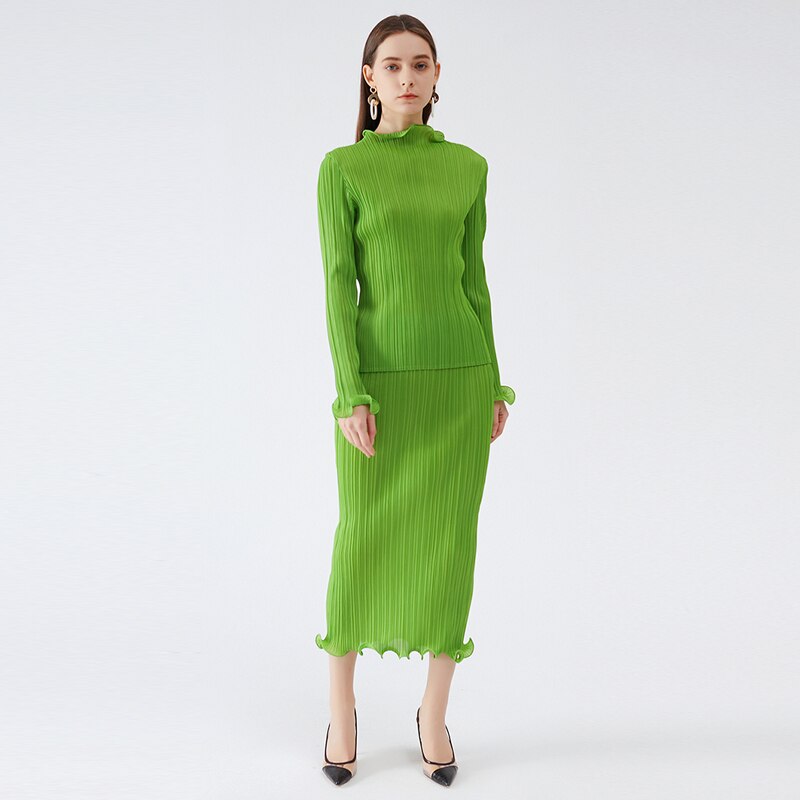 Miyake Pleated  Spring Autumn Green Skirt Two piece Sets Elegant Casual Designer Clothes