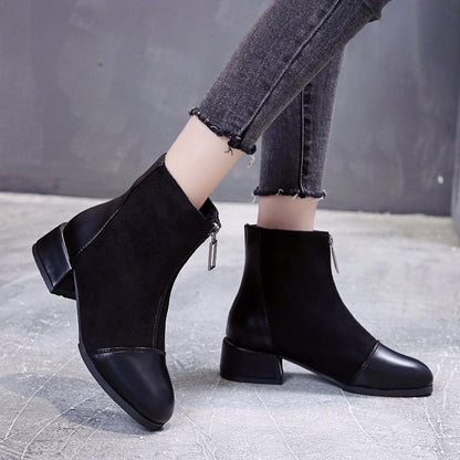 Short front zipper chunky heel suede mid-heel square toe boots