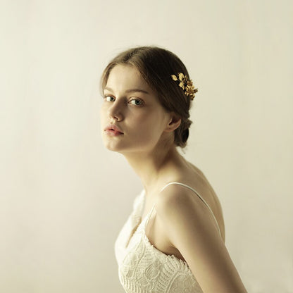 Brass Leaves And Flowers Handmade Pearl Crystal Bridal Hair Comb