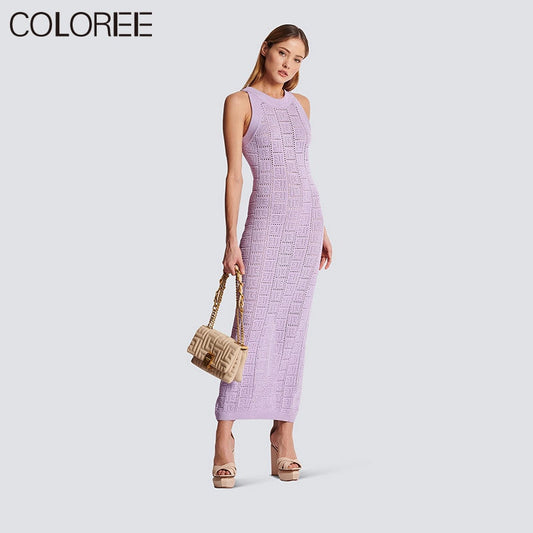 European High Quality Purple Knitted Dresses Women Luxury Designer Elegant O-neck Sleeveless Midi Summer Dress 2023