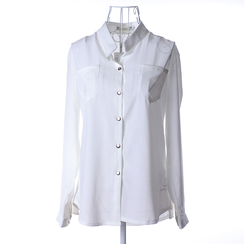 USA SIZE Casual pocket large size sunscreen bottoming shirt loose stand collar long sleeve chiffon shirt white shirt