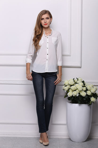 USA SIZE Casual pocket large size sunscreen bottoming shirt loose stand collar long sleeve chiffon shirt white shirt