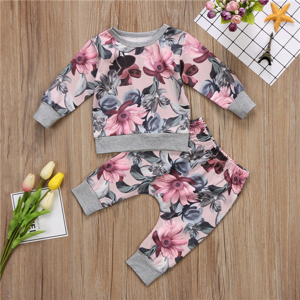 Set Autumn Style Baby Girl Clothing Sets Newborn Clothes Leisure Flower Printing Suitbaby Girl Clothes Sets