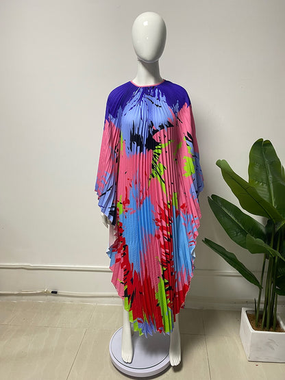 Miyake Pleated Dress Designer Printed Round Neck Batwing Sleeves High End Holiday Dresses for Women