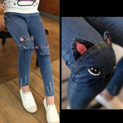 Girls' Children's Clothing Children's Cartoon Cat Embroidery Spring And Autumn Jeans Pencil Pants