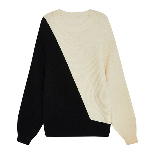 Color Blocked Round Neck Sweater Autumn And Winter Women's Loose Casual Blouse