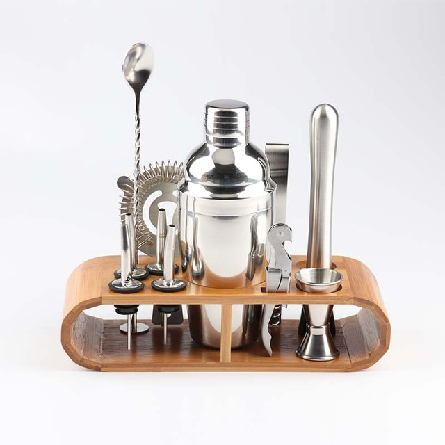 Stainless Steel Cocktail Shaker  with Wooden Stand for Home Bar Party