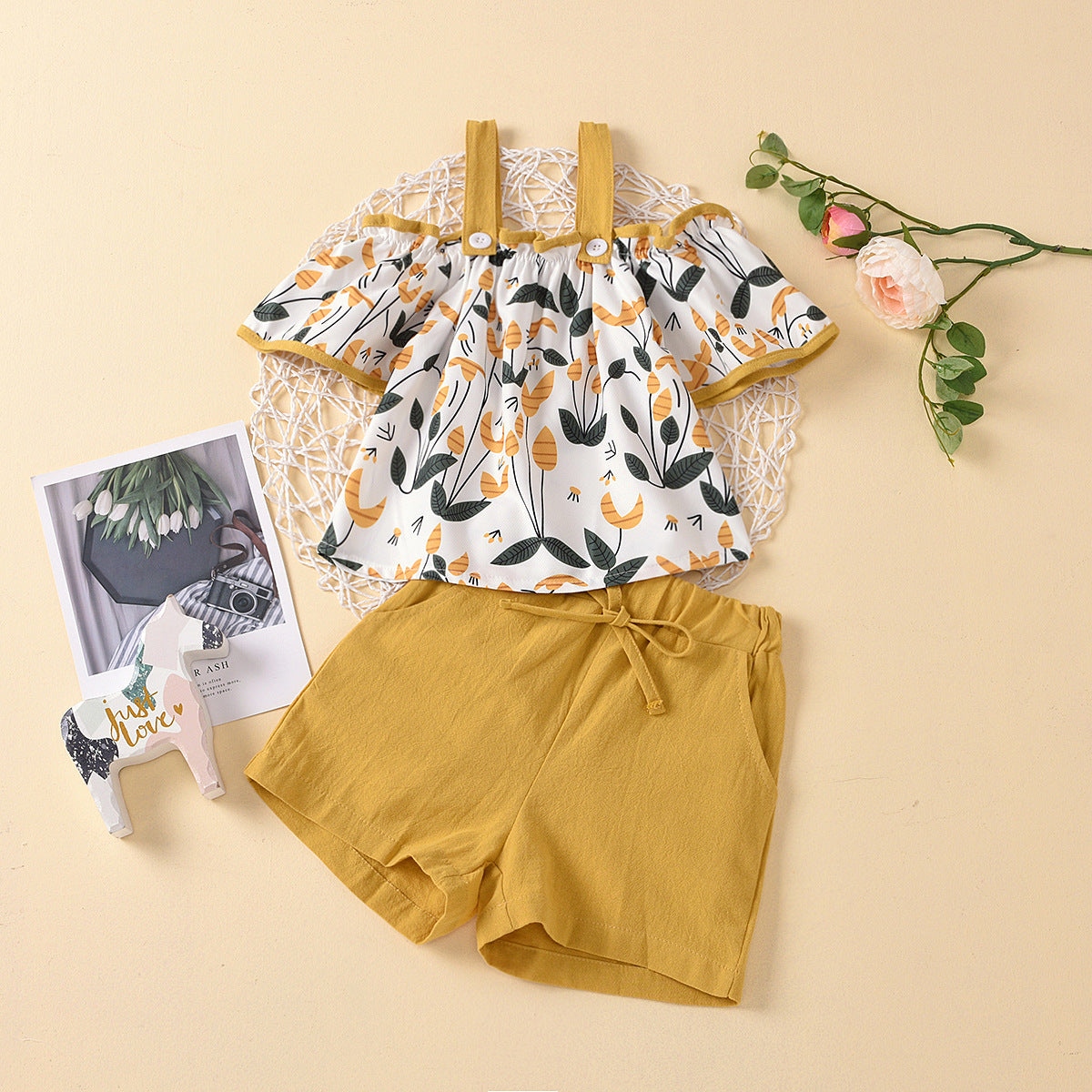 Girls floral sling top shorts two-piece suit